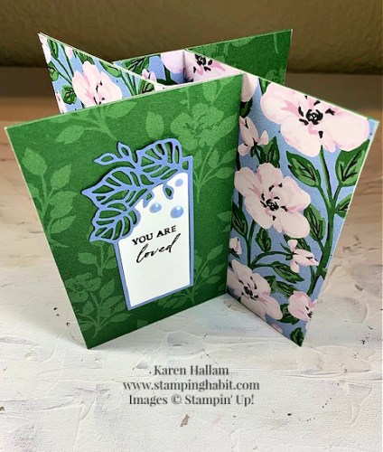 Stampin' Up! Lovely Garden Pinwheel Tower fun fold card with Unbounded Love BUndle-visit juststampin.com for handmade inspiration and more-Jeanie Stark StampinUp