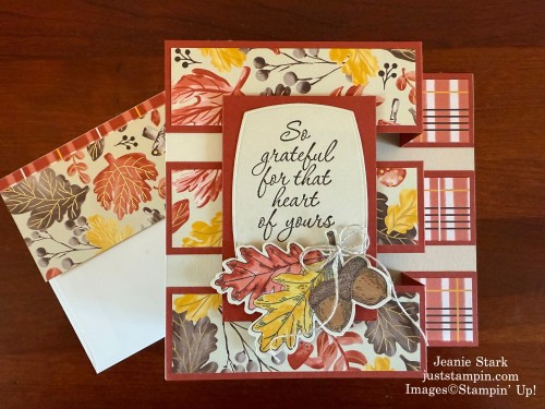 Stampin' Up! Label me Grateful & Amber Autumn fun fold thank you card idea with Gathering Together specialty Designer Series Paper-Jeanie Stark StampinUp