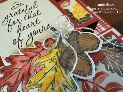 Stampin' Up! Label me Grateful & Amber Autumn fun fold thank you card idea with Gathering Together specialty Designer Series Paper-Jeanie Stark StampinUp