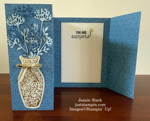 Stampin' Up! Fun Fold card with Memorable Blooms stamp set, Kintsugi Designer Series Paper, Beautiful Motifs and Textured Notes Dies-Jeanie Stark StampinUp