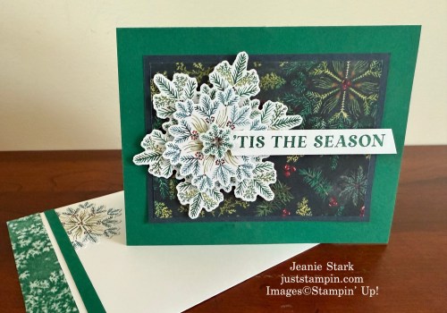 Stampin' Up! Traditional Labels & Delicate Pines Holiday Fun Fold Explosion card with Elegant Pine Snowflakes Designer Series Paper-Jeanie Stark StampinUp