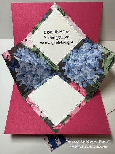 Stampin' Up! Birthday fun fold explosion card idea with Lovely Garden Designer Series Paper-visit juststampin.com for handmade inspiration and more-Jeanie Stark StampinUp