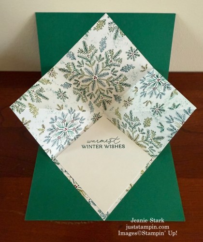 Stampin' Up! Traditional Labels & Delicate Pines Holiday Fun Fold Explosion card with Elegant Pine Snowflakes Designer Series Paper-Jeanie Stark StampinUp