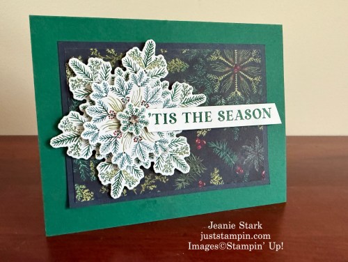 Stampin' Up! Traditional Labels & Delicate Pines Holiday Fun Fold Explosion card with Elegant Pine Snowflakes Designer Series Paper-Jeanie Stark StampinUp