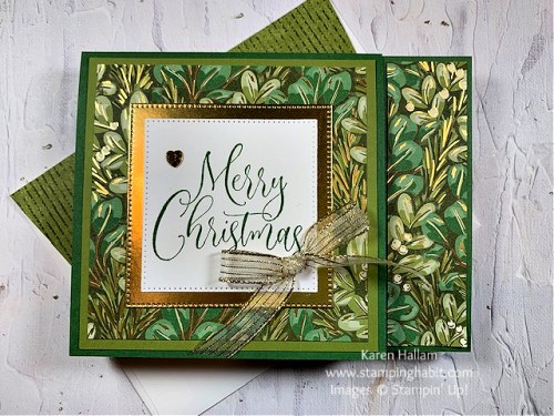 Stampin' Up! Season of Green & Gold fun fold Christmas gift card holder-visit juststampin.com for handmade inspiration and more-Jeanie Stark StampinUp