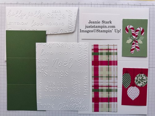 Stampin' Up! Christmas Tags & More Mix & Match Specialty Designer Series Paper Double Z Fold Christmas card idea with Jolly Holly Stamp Set & Christmas Words Collage Hybrid Embossing Folder-Jeanie Stark StampinUp