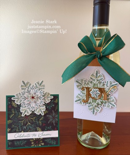 Stampin' Up! Elegant Pine Snowflake card & wine tag-Jeanie Stark StampinUp