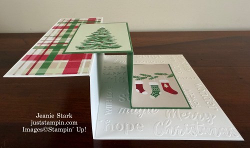 Stampin' Up! Christmas Tags & More Mix & Match Specialty Designer Series Paper Double Z Fold Christmas card idea with Jolly Holly Stamp Set & Christmas Words Collage Hybrid Embossing Folder-Jeanie Stark StampinUp