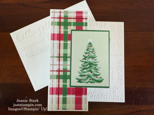 Stampin' Up! Christmas Tags & More Mix & Match Specialty Designer Series Paper Double Z Fold Christmas card idea with Jolly Holly Stamp Set & Christmas Words Collage Hybrid Embossing Folder-Jeanie Stark StampinUp