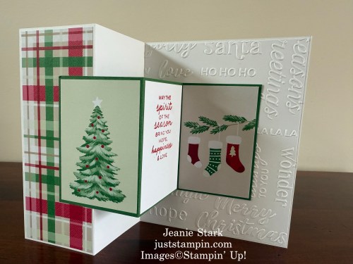 Stampin' Up! Christmas Tags & More Mix & Match Specialty Designer Series Paper Double Z Fold Christmas card idea with Jolly Holly Stamp Set & Christmas Words Collage Hybrid Embossing Folder-Jeanie Stark StampinUp
