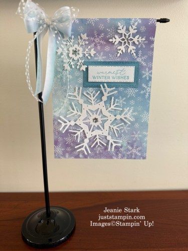 Stampin' Up! Delicate Pines snowflake desktop flag-visit juststampin.com for kits to go and more-Jeanie Stark StampinUp