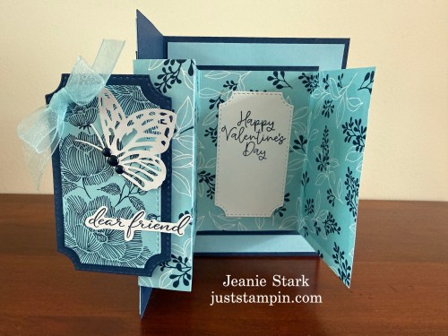 Stampin' Up! True Blue Florals fun fold Valentine card for a friend with Bee My Valentine hidden message-Jeanie Stark SampinUp