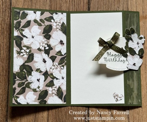 Stampin' Up! Back fold birthday card with Brushed With Beauty Designer Series Paper-visit juststampin.com for handmade inspiration and more-Jeanie Stark StampinUp