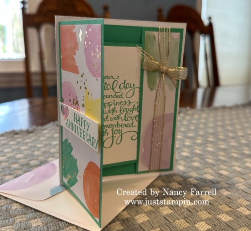 Stampin' Up! Splash of Sparkles fun fold anniversary card idea-visit juststampin.com for inspiration, ordering information, and more-Jeanie Stark StampinUp