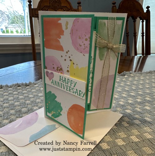 Stampin' Up! Splash of Sparkles fun fold anniversary card idea-visit juststampin.com for inspiration, ordering information, and more-Jeanie Stark StampinUp