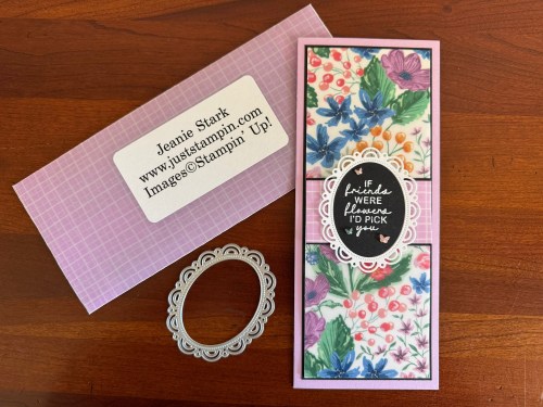 Stampin' Up! Berry Botanical Vellum Slimline card with Sunshine & Tulips Stamp Set and Scalloped Wishes Dies-Jeanie Stark StampinUp