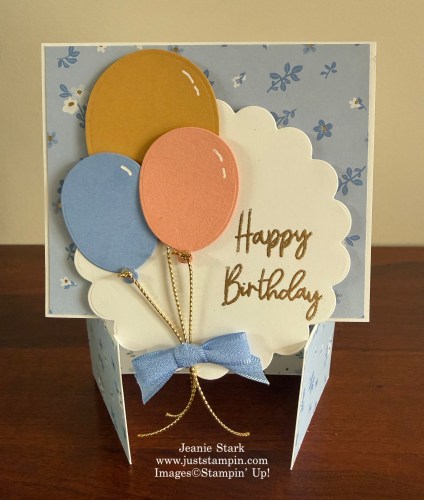 Stampin' Up! Double Dutch door fun fold birthday card with Bloom Boutique Designer Series Paper, Balloon Festoon Bundle, and Scalloped Blooms Dies-Jeanie Stark StampinUp