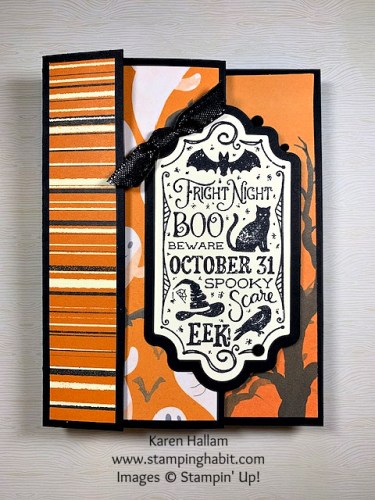Stampin' Up! Fright Night Halloween fun fold card idea-visit juststampin.com for mystery stamping fun fold card ideas-Jeanie Stark StampinUp