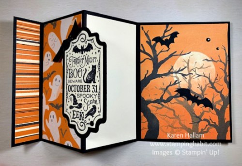 Stampin' Up! Fright Night Halloween fun fold card idea-visit juststampin.com for mystery stamping fun fold card ideas-Jeanie Stark StampinUp