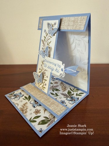 Stampin' Up! Triple Display Easel card with All Aflutter Bundle, Delicate Whispers stamp set, Scalloped Blooms Dies, Paradise Garden Hybrid Embossing Folder, and Violet Dreams Designer Series Paper-Jeanie Stark StampinUp