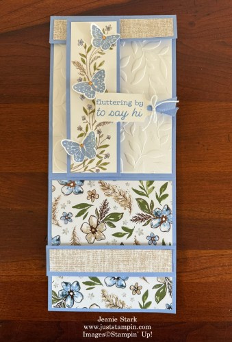 Stampin' Up! Triple Display Easel card with All Aflutter Bundle, Delicate Whispers stamp set, Scalloped Blooms Dies, Paradise Garden Hybrid Embossing Folder, and Violet Dreams Designer Series Paper-Jeanie Stark StampinUp