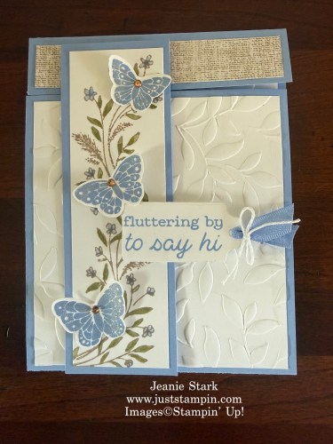 Stampin' Up! Triple Display Easel card with All Aflutter Bundle, Delicate Whispers stamp set, Scalloped Blooms Dies, Paradise Garden Hybrid Embossing Folder, and Violet Dreams Designer Series Paper-Jeanie Stark StampinUp