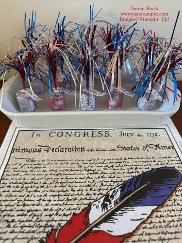 Stampin' Up! Banner Sayings and Stylish Shapes Hershey Nugget firecracker treat-Jeanie Stark StampinUp