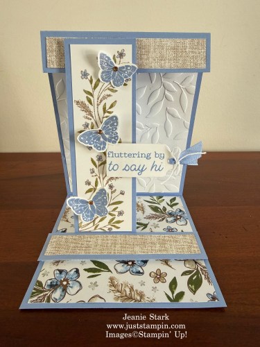 Stampin' Up! Triple Display Easel card with All Aflutter Bundle, Delicate Whispers stamp set, Scalloped Blooms Dies, Paradise Garden Hybrid Embossing Folder, and Violet Dreams Designer Series Paper-Jeanie Stark StampinUp