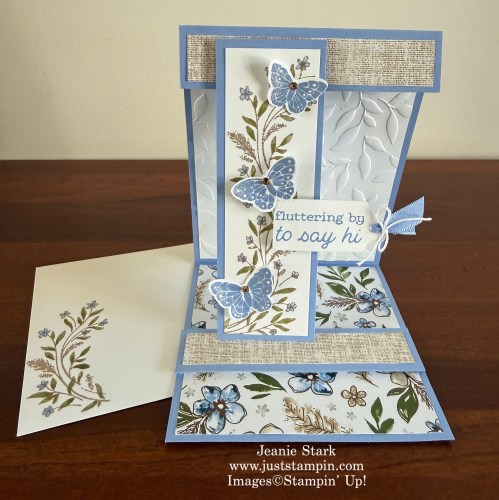 Stampin' Up! Triple Display Easel card with All Aflutter Bundle, Delicate Whispers stamp set, Scalloped Blooms Dies, Paradise Garden Hybrid Embossing Folder, and Violet Dreams Designer Series Paper-Jeanie Stark StampinUp