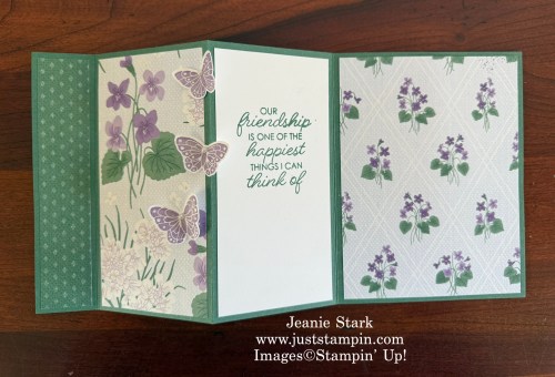 Stampin' Up! fun fold card idea with Framed All Around stamp set, All Aflutter bundle and Violet Dreams Designer Series Paper-Jeanie Stark StampinUp