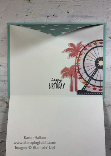 Stampin' Up! Beach Boardwalk envelope flap fun fold birthday card idea-visit juststampin.com for mystery stamping fun fold card ideas-Jeanie Stark StampinUp
