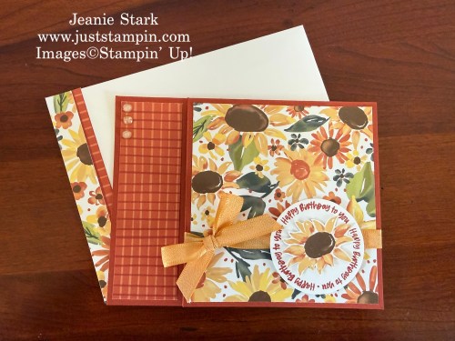 Stampin' Up! Round About Messages with Sunflower Fields Designer Series Paper fun fold birthday card idea-Jeanie Stark