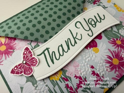 Stampin' Up! Paradise Garden thank you card with Velvet Meadow Specialty Designer Series paper and All Aflutter Bundle-Jeanie Stark StampinUp