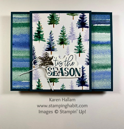 Stampin' Up! Whispering Woods fun fold Christmas Card idea-visit juststampin.com for mystery stamping fun fold card ideas-Jeanie Stark StampinUp
