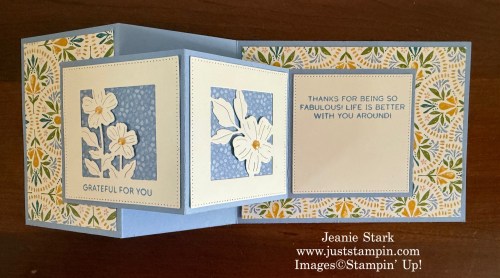 Stampin' Up! Poetic Petals, Words & Wishes, and Soiree Salutations fun fold thank you card with Mosaic Garden Designer Series Paper-Jeanie Stark StampinUp