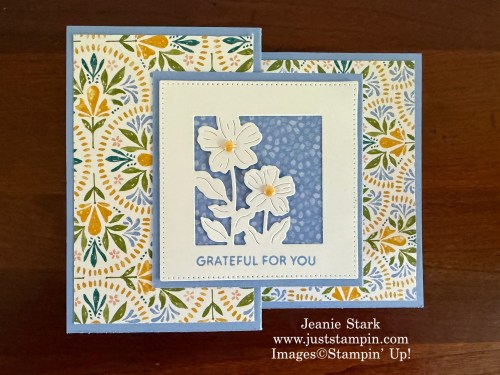 Stampin' Up! Poetic Petals, Words & Wishes, and Soiree Salutations fun fold thank you card with Mosaic Garden Designer Series Paper-Jeanie Stark StampinUp