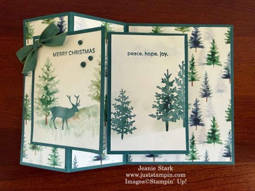 Stampin' Up! Whispering Woods double decker fun fold Christmas card idea with Soiree Salutations-Jeanie Stark StampinUp