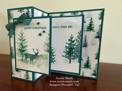 Stampin' Up! Whispering Woods double decker fun fold Christmas card idea with Soiree Salutations-Jeanie Stark StampinUp