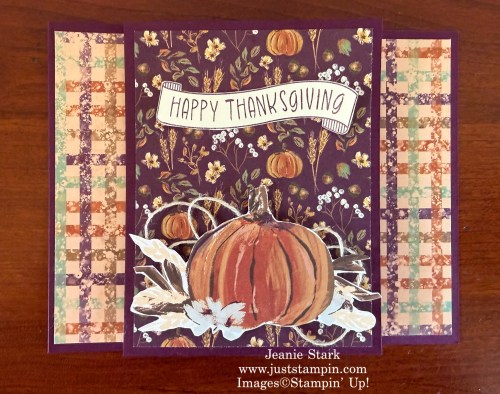 Stampin' Up! Thanks & Giving Fun Fold Thanksgiving card with Autumn Opulence Specialty Designer Series Paper-Jeanie Stark StampinUp