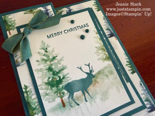 Stampin' Up! Whispering Woods double decker fun fold Christmas card idea with Soiree Salutations-Jeanie Stark StampinUp