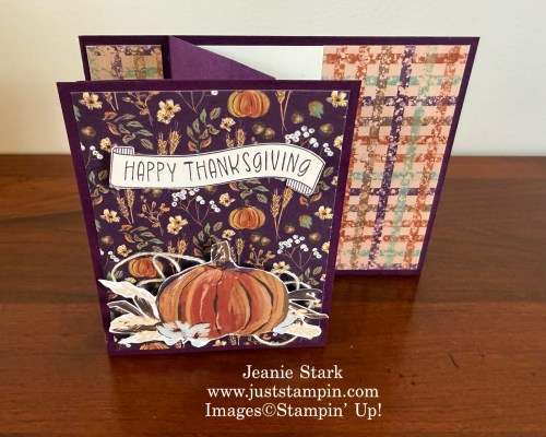 Stampin' Up! Thanks & Giving Fun Fold Thanksgiving card with Autumn Opulence Specialty Designer Series Paper-Jeanie Stark StampinUp