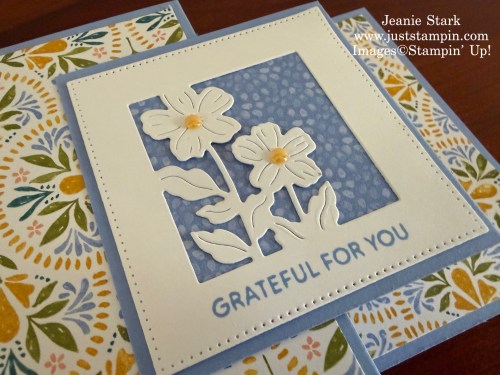 Stampin' Up! Poetic Petals, Words & Wishes, and Soiree Salutations fun fold thank you card with Mosaic Garden Designer Series Paper-Jeanie Stark StampinUp