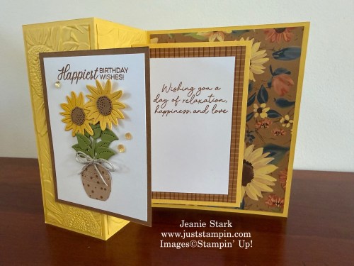 Stampin' Up! Sunflower fields double decker fun fold birthday card idea with Scalloped Blooms and Phrases & Frames-Jeanie Stark StampinUp
