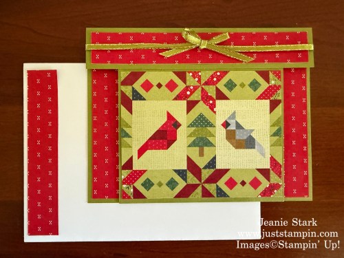 Stampin' Up! fun fold Christmas card with A Stitched Season Designer Series Paper and Traditional Labels stamp set-Jeanie Stark StampinUp