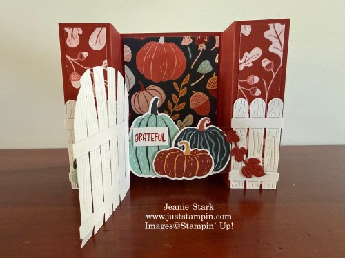 Stampin' Up! Painted Pumpkins bridge fold thank you card with Thanks & Giving stamp set and Painted Patch Designer Series Paper-Jeanie Stark StampinUp