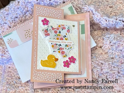 Stampin' Up! Double Decker Pop Out fun fold baby Card idea-visit juststampin.com for mystery stamping fun fold card ideas-Jeanie Stark StampinUp