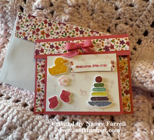 Stampin' Up! Overlay fun fold baby Card idea-visit juststampin.com for mystery stamping fun fold card ideas-Jeanie Stark StampinUp
