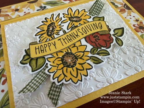 Stampin' Up! fun fold Thanksgiving card with Thanks & Giving, Radiant Sunflowers, and the Lazy Daisy 3D Embossing Folder-Jeanie Stark StampinUp