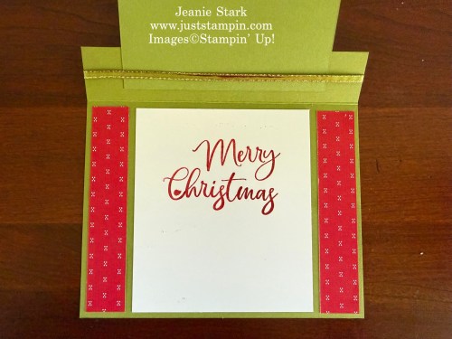 Stampin' Up! fun fold Christmas card with A Stitched Season Designer Series Paper and Traditional Labels stamp set-Jeanie Stark StampinUp