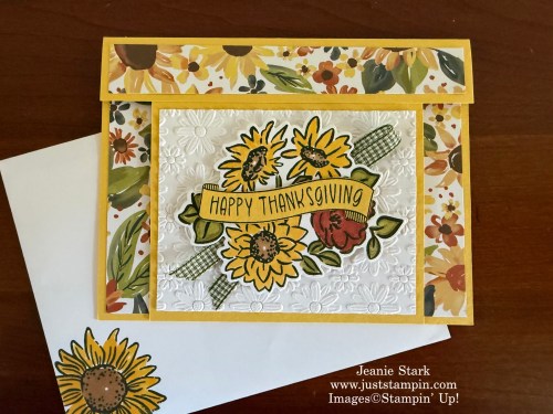 Stampin' Up! fun fold Thanksgiving card with Thanks & Giving, Radiant Sunflowers, and the Lazy Daisy 3D Embossing Folder-Jeanie Stark StampinUp